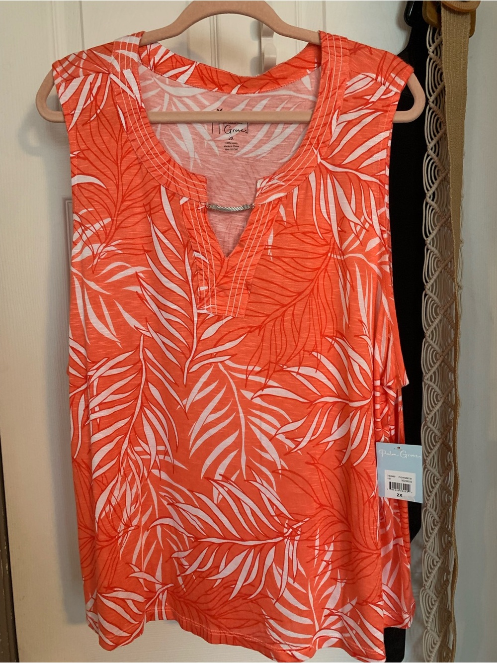 Coral Palm-Print Sleeveless Tank